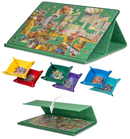 Jigpal Tavole per puzzle portatili con 6 vassoi colorati per l'ordinamento, tavole puzzle inclinabili con supporto e copertura 2 in 1, tavolo leggero in feltro con regolazioni angolari, verde