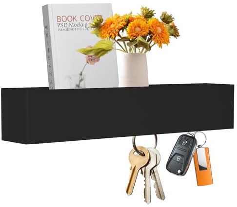 ZoZoMaiy Appendi Chiavi a Muro con Mensola, Portachiavi da Parete con 5 Ganci Murali Nascosti, Porta Chiavi da Muro Con Viti, per Ingresso, Corridoio, Camera da Letto, Ufficio, 43,5 x 7,5 x 8 cm, Nero