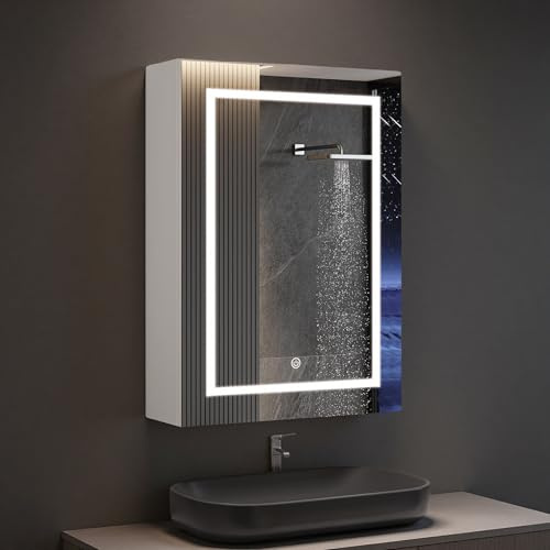 Julyue Intelligent spegelskåp 50 cm med imborttagningsfunktion (imskydd), 3 färger LED-belysning och justerbara glasgolv, badrumsspegel (Vit, 50, Centimeter, 70, Centimeter)
