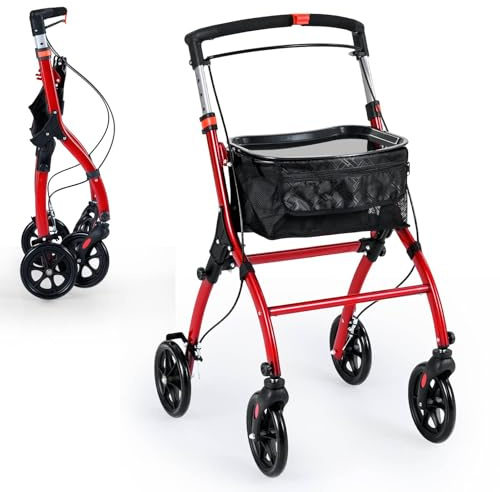 GYMAX Folding Rollator Walker for Elderly, 4 Wheel Narrow Walking Aid with Removable Tray, Basket and Brakes, Adjustable Lightweight Rollator for Disabled (Red)