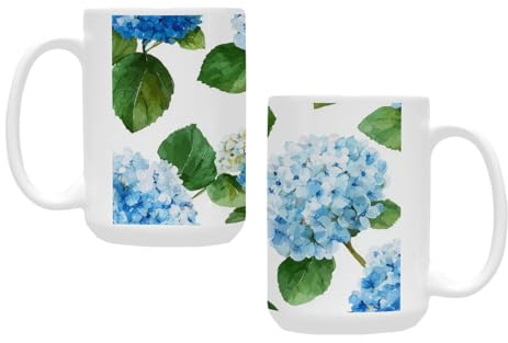 qenuh Elegant Blue Hydrangea Print Ceramic Mugs Coffee Cup Smooth Glaze Finish 15 oz Classic Tea Cup for Hot Drinks, Office/Home Use