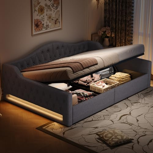 Merax Polsterbett Schlafsofa Tagesbett mit LED-Beleuchtung und Stauraum, Grau – 140x200 cm, Multifunktionales Sofabett Einzelbett für Gästezimmer und Jugendzimmer