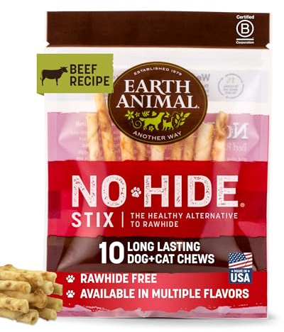 Earth Animal No Hide Stix - Long Lasting Rawhide Free Small Dog Chews Sticks, Beef - 10 Count