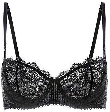 DOBREVA Women's Lace Balconette Bra Half Cup Non Padded Push Up Underwire Sheer Bras Black_Eyelash lace 36C