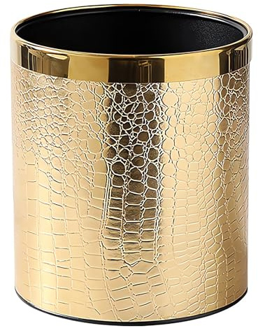 QLHIBLY Leather Trash Bin,10 Liters Metal Waste Paper Bin for Bedroom,Bathroom,Living Room,Kitchen,Office,Hotel(Gold)
