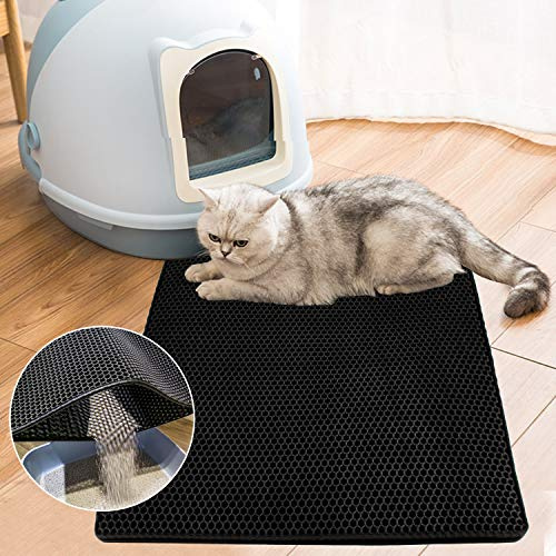 Instickning kattlåda matta honungskaka design kattsand matta 78 x 60 cm dubbla lager design bivaxkaka vikbar vattentät lätt att rengöra svart