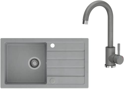 VBChome Spülbecken mit Armatur 77 x 44 cm Grau Spüle Einzelbecken Küche Einbauspüle Verbundspüle Küchenspüle gesprenkelt flächenbündig Siphon Waschbecken