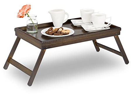 Relaxdays 2X Tablette de Lit Bambou Pieds Rabats Rebords Plateau de Service & Petit Déjeuner, 22x64x31cm, Marron Foncé