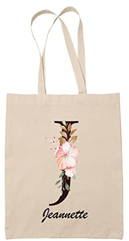 Planetee Tote bag Jeannette | Sac caban en toile coton prénom femme avec Lettre fleur | Idée cadeau pour anniversaire noël et fête des mères
