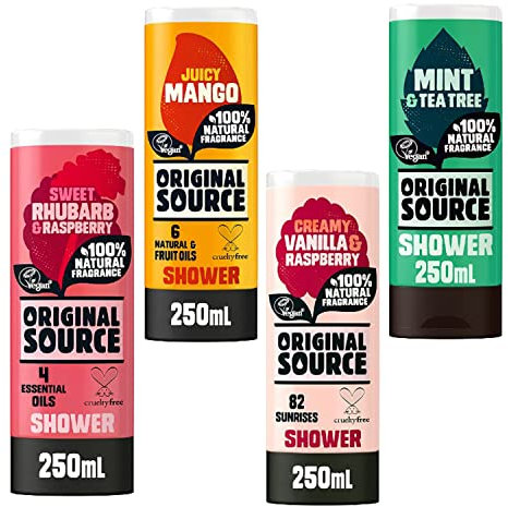 ORIGINAL SOURCE SHOWER GELS SET 4X250ml SWEET RHUBARB & RASPBERRY, Creamy Vanilla & Raspberry, Tingly Mint & Tea Tree, ZESTY LEMON & TEA-TREE, BODY WASH, COMBO