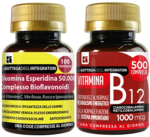 Set di Integratori Circolazione Antiossidante + Energia | Diosmina Esperidina Bioflavonoidi 100 Compresse + Vitamina B12 500 Compresse | Senza Glutine e Lattosio
