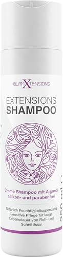 Extensions Shampoo - ohne Silikone | hoher Anteil Arganöl - Für Rohhaar, Echthaar, Extensions Pflege Haarverlängerungen Perücken und Haarteile, 1 x 250ml
