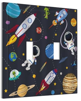 Wpshijia Rocket Planets Astronaut Blue Decorative 2 Gang Light Switch Plate Cover Double Toggle Wall Plate Decorative Switchplate Electrical Faceplate for Nursery Kidsroom Bedroom Decor