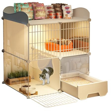 PJDDP Premium-Katzenkäfig Für Den Innenbereich Mit Katzentoilette, Einfacher Aufbau, Transparenter HD-Zaun Und Stabiles Metallgitter Sorgen Dafür, DASS Ihr Kätzchen Nachts Sicher Ist