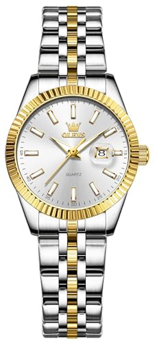 OLEVS Montre Acier Inoxydable pour Femme Or Argent Bracelet Elégance Etanche Watch Femme Blanche Petit Cadran Date Analogique Montre Lumineuse Facile à Lire