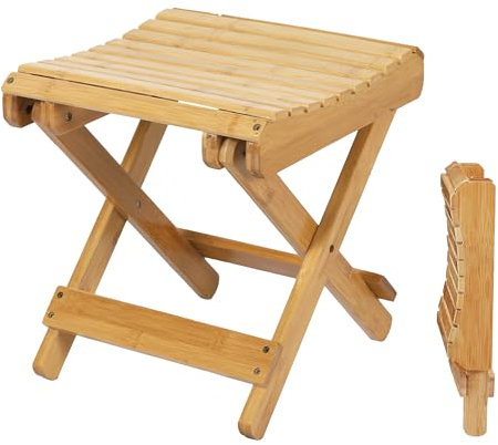Spetebo Sgabello pieghevole in bambù naturale, rettangolare, 28 x 28 cm, in legno, pieghevole, universale, per cucina, bagno, corridoio