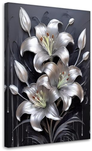 Feeby Wandbild - Wohnzimmer Modern Deko - Lilie Blume Silber gemalte - 40x60 1tlg - Bilder Leinwand - Bild auf Leinwand Schlafzimmer - Leinwandbilder für die Wand - Canvas Painting - Fotokunst
