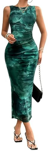 Sukiglam Vestido Mujer Sexy sin Mangas Cuello Redondo Tie Dye Vestidos Largo Ajustado Elegante Maxi Vestido de Fiesta Verano Bodycon Wrap Vestidos Fruncido para Cóctel Casual Noche Clubwear