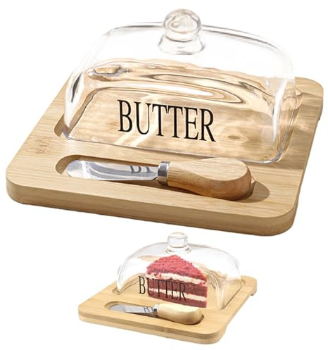 Beurrier en verre avec couvercle sûr multifonction transparent avec couvercle, plateau en bois et couteau