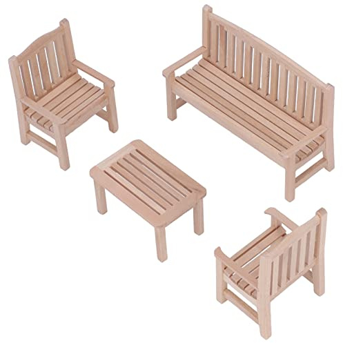 Fdit Mini Meubles de Maison de Poupée en Bois avec Banc et Chaise - Meubles Réalistes Non Peints pour Maison de Poupée à L'échelle 1:12 - Idéal pour L'imagination des Enfants - Comprend Banc, Table