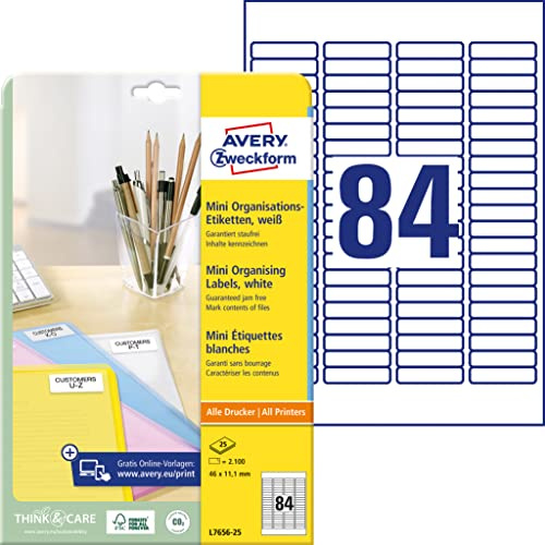 AVERY Zweckform L7656-25 mini Organisationsetiketten (2.100 Aufkleber, 46x11,1mm auf A4, selbstklebende Vielzweck-Etiketten, bedruckbar, Klebeetiketten zum Organisieren/Kennzeichnen) 25 Blatt, weiß
