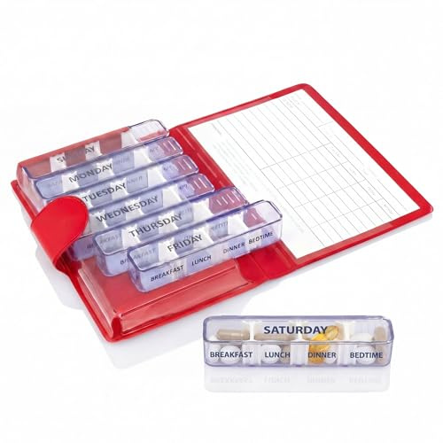 Kibodan Medidos 7-Day Weekly Pill Organiser – Small, Travel-Friendly Medicine and Vitamin Dispenser with 4 Adjustable Compartments. The Perfect Pill Organiser 4 Times a Day (Red)