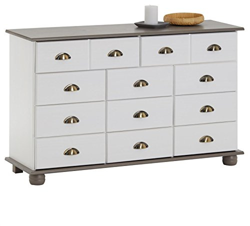 IDIMEX Schubladenschrank Colmar Weiß/Taupe - Apothekerkommode mit Muschelgriffen aus Metall. 11 Schubladen, Sideboard im Landhausstil, Kiefer Massivholz