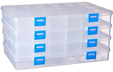 BENECREAT 4 Pack 18 Grilles Boîte de Rangement en Plastique Boîte à Bijoux avec séparateurs Ajustables Conteneurs de Rangement pour Boucles d'oreilles Etui à Billes en Plastique Transparent