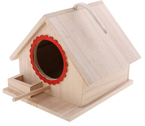Casa Para Pájaros de Madera con Percha y Cuerda Colgante, Exterior Jardín