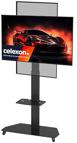 celexon Pro Displayständer/Rollwagen | 55-120 | höhenverstellbar 16cm | Für große Displays bis 140 kg, leicht mobil, sicher aufgestellt und mit Ablage ideal für Konferenz, Schule und Events