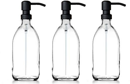 Clear Glass Bottles 500ml Soap Dispenser with Metal Pump (BPA-Free) Clear Flint Glass Empty Soap Dispensers – Reusable Refillable Eco friendly, Sustainable Living/Gift (Satin Black Finish, 3)