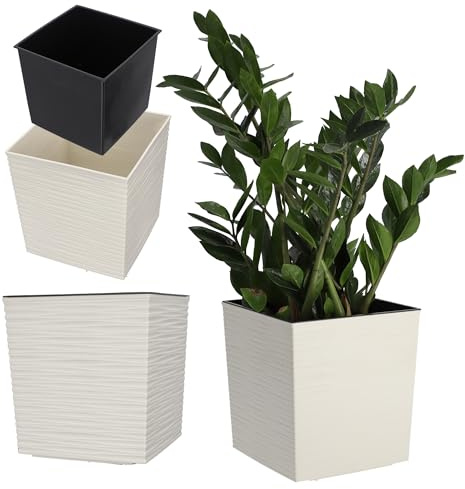 KADAX Maceta de plástico, maceta de jardín resistente a la intemperie para balcón, terraza, interior, maceta ligera con bandeja, macetero para plantas y flores (crema, altura: 19 cm)