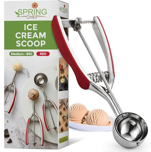 Spring Chef Medium Stainless Steel Cookie Scoop, #40, 1.7 Tbsp, Red | Premium 2.75 Cookie Scooper for Baking, Melon Scoop, Ice Cream Scooper with Soft Grip & Trigger Release, Dishwasher Safe
