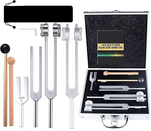 StimmgabelSet für medizinische Heilung mit AktivatorReflexhammer AluminiumStimmgabel Chakra Solfeggio sensorisches Anleitungsset (128 Hz OM 1361 Hz MI 528 Hz 4096 Hz) mit Schlägel für Klangtherapie