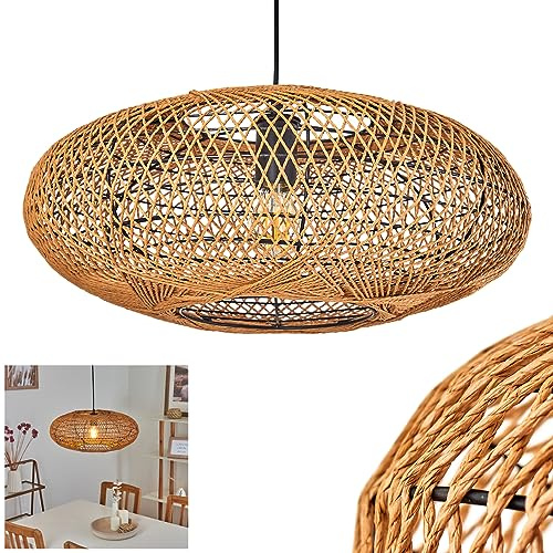HOFSTEIN Hängeleuchte Mulstrand, Hängelampe aus Metall/Sisal in Schwarz/Naturfarben, Pendelleuchte im Boho/skandinavischen Desgin mit Lichteffekt, Ø 52cm, max. 150cm, E27, Esszimmer, Küche, Wohnzimmer