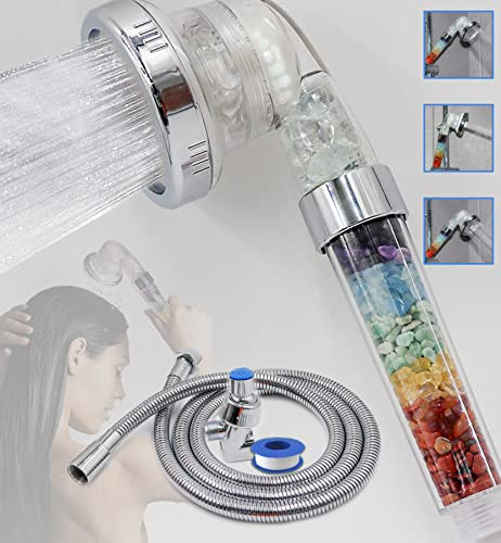 Pommeau de Douche en Cristal Chakra. Pierres Précieuses Naturelles. Cristaux de Énergie de Guérison. Purification de L'eau. Minéralisation. 7 Pierres. Filtrage. Pommeau de Douche + Tuyau + Support