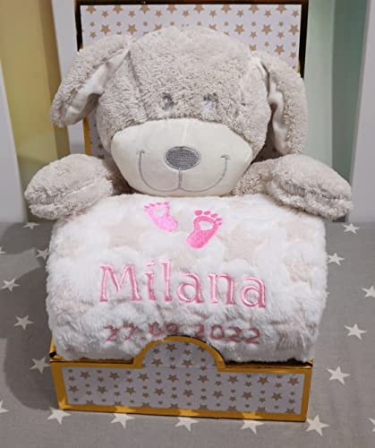 Generisch Geschenk-Set New Baby ★ Babydecke mit Namen + Plüschtier ★ Baby-Shower ★ Geburt ★ (Beige - Hund 3)