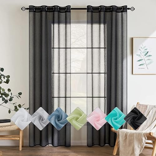 EMEMA Gardinen mit Ösen 2er Set 245cm Lang Schwarz Vorhang Voile Vorhänge | Vorhang mit Ösen Transparente Polyester Ösenschal Transparent Wohnzimmer Luftig Dekoschal für Schlafzimmer B140 X H245cm
