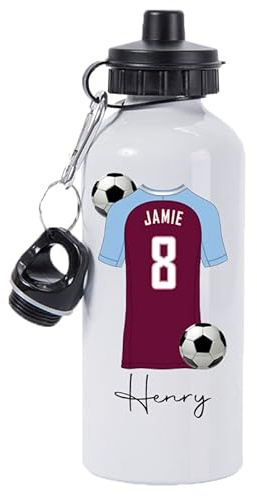 Pickhut Personalised Football 600ml White Aluminium Sports Water Bottle Back to School Gift for Kids, Customised with Name/Number/Text with Football Shirt Claret & Sky Blue Jersey Kit (D4)