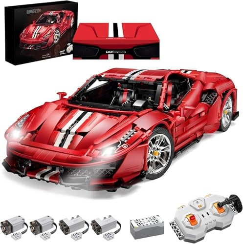 Technik Autos für Farrari 488 Pista, Mit Motoren Set und LED Licht, 1:8 Groß Automodell Bausatz, 3187 Klemmbausteine Auto MOC Set, Kompatibel mit Farrari Technik