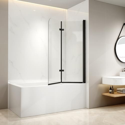 EMKE Badewannen Duschwand, 2-teilig Faltbar, 110 x 140 cm, Schwarz | 6mm NANO-Glas, 180 Grad Faltwand, pflegeleicht, Aluminiumrahmen, Duschtrennwand und Duschabtrennung fuer Badewannenaufsatz