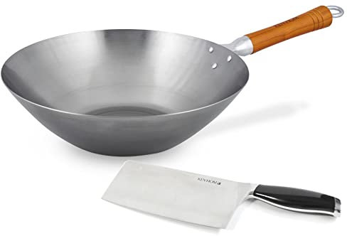 Ken Hom Wokpfanne 31 cm Induktion - unbeschichteter Karbonstahl Stielwok mit Holzgriff & Hackmesser 18 cm - Schwenkpfanne für alle Herdarten geeignet