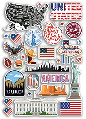 A4-Aufkleberbogen, Wahrzeichen der Vereinigten Staaten, Vinyl-Aufkleber – USA, Amerika, New York, Vegas, Stadtkarte, Flughafen, Stempel, Skyline, Flagge, Reisen, Urlaub, Kultur, Ästhetik, #79984