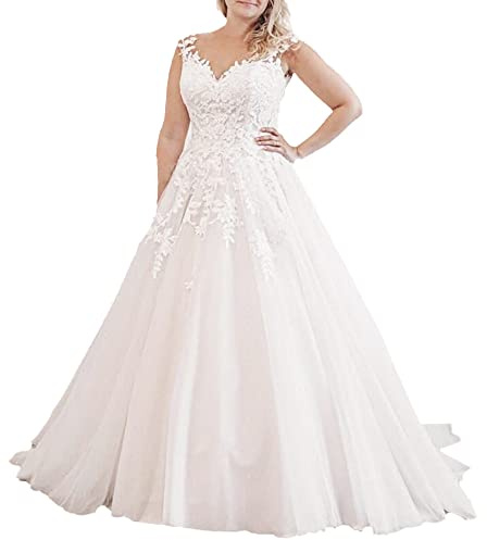 HEULORIA Robe mariée bohème Longue Col V Perles Dentelle Grande Traine Robe de Mariage AL-VN-0555 (as4, Numeric, Numeric_56, Plus, Regular, White)