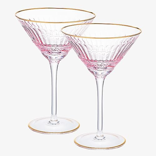 Khen Vintage Blush Pink Gold Rim Colored Martini Glasses | Set of 2 | Love Gift for Friend, Mom, 8 OZ Crystal Cocktail Glassware For Cosmopolitan, Champagne