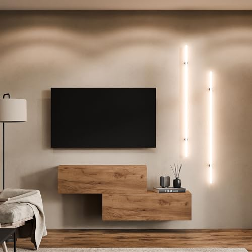Planetmöbel TV Schrank 200 cm Wohnwand Lowboard Set | Fernseher 55 Zoll, Wohnzimmer Fernsehtisch viel Stauraum, hängend, 2x Fernsehschrank 100 x 30 x 37,5 cm, gold eiche