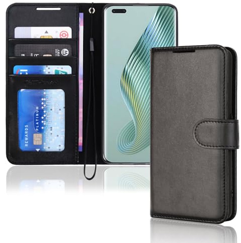 TECHGEAR Leder-Brieftaschenhülle für Honor Magic 5 Pro 5G, Flip-Schutzhülle mit Brieftaschen-Kartenhalter, Ständer und Handschlaufe Schwarzes PU-Leder mit Magnetverschluss für Ho