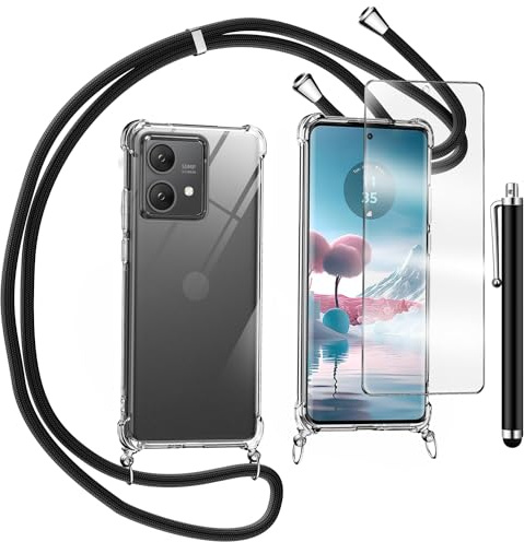 TTSWJBD Funda con Cuerda para Motorola Moto Edge 40 Neo y Cristal Templado Protector de Pantalla,Transparente Suave Silicona Carcasa, Ajustable Cordon Collar Colgante Antigolpes Case, Negra