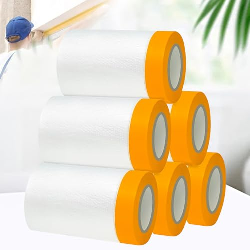 6 Rollen Abdeckfolie Maler, Abdeckfolie Klebeband Goldband Masker mit Folie 55cm*20M, Transparent Abdeckfolie mit Gewebeklebeband Selbstklebende Malerfolie Malerband