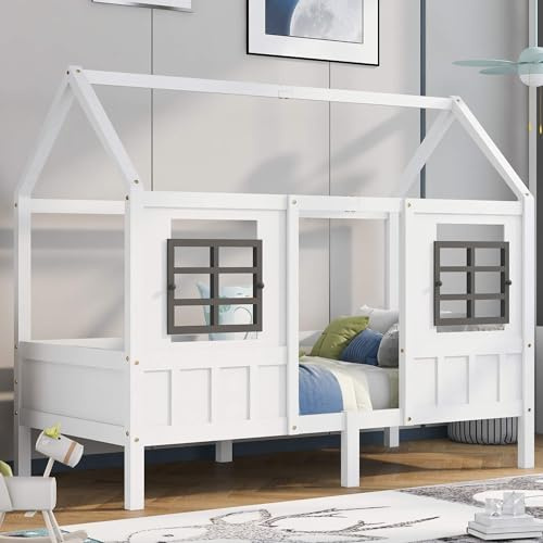 MQGPM Hausbett im Montessori Stil 90x200cm mit Rausfallschutz und Lattenrost, Kinderbett Baumhausbett mit Dach für Mädchen und Jungen Vielseitiges Bett für Spielendes Lernen reines